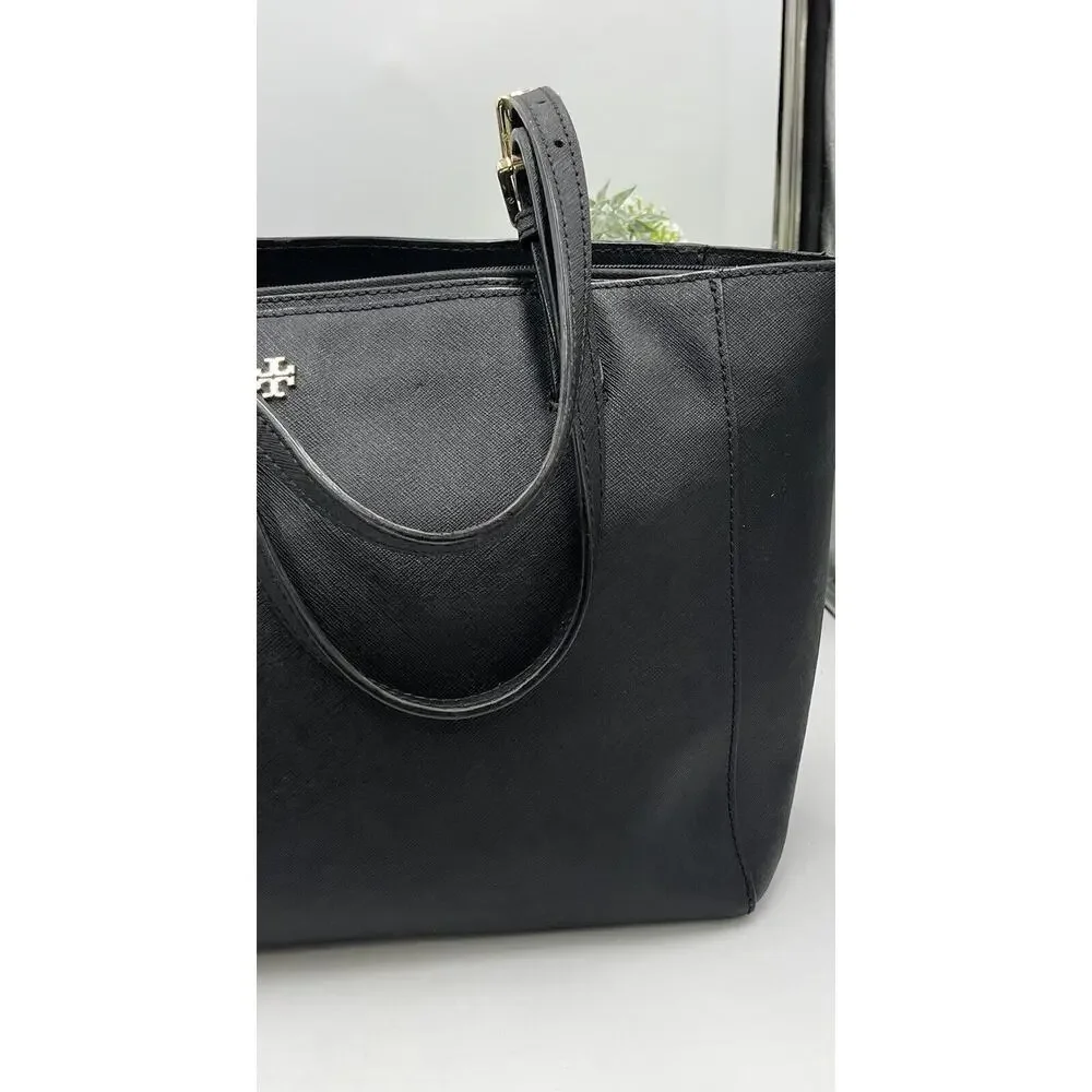 Tory Burch York Buckle Black Saffiano Leather Gold Tone Hardware Bucket Tote Bag
